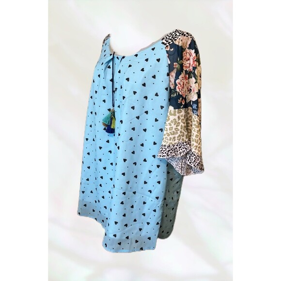 NEW Chic Flounce Sleeve Blouse Leopard & Heart Print Crew Neck Top Size L Blue - Picture 10 of 10